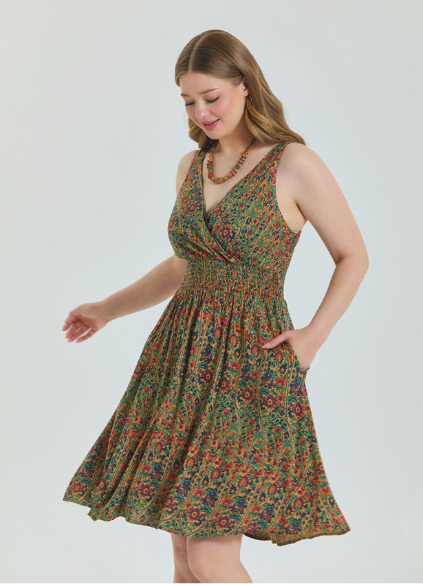 V Neck Robe Green Patterned Plus Size Dress 4586